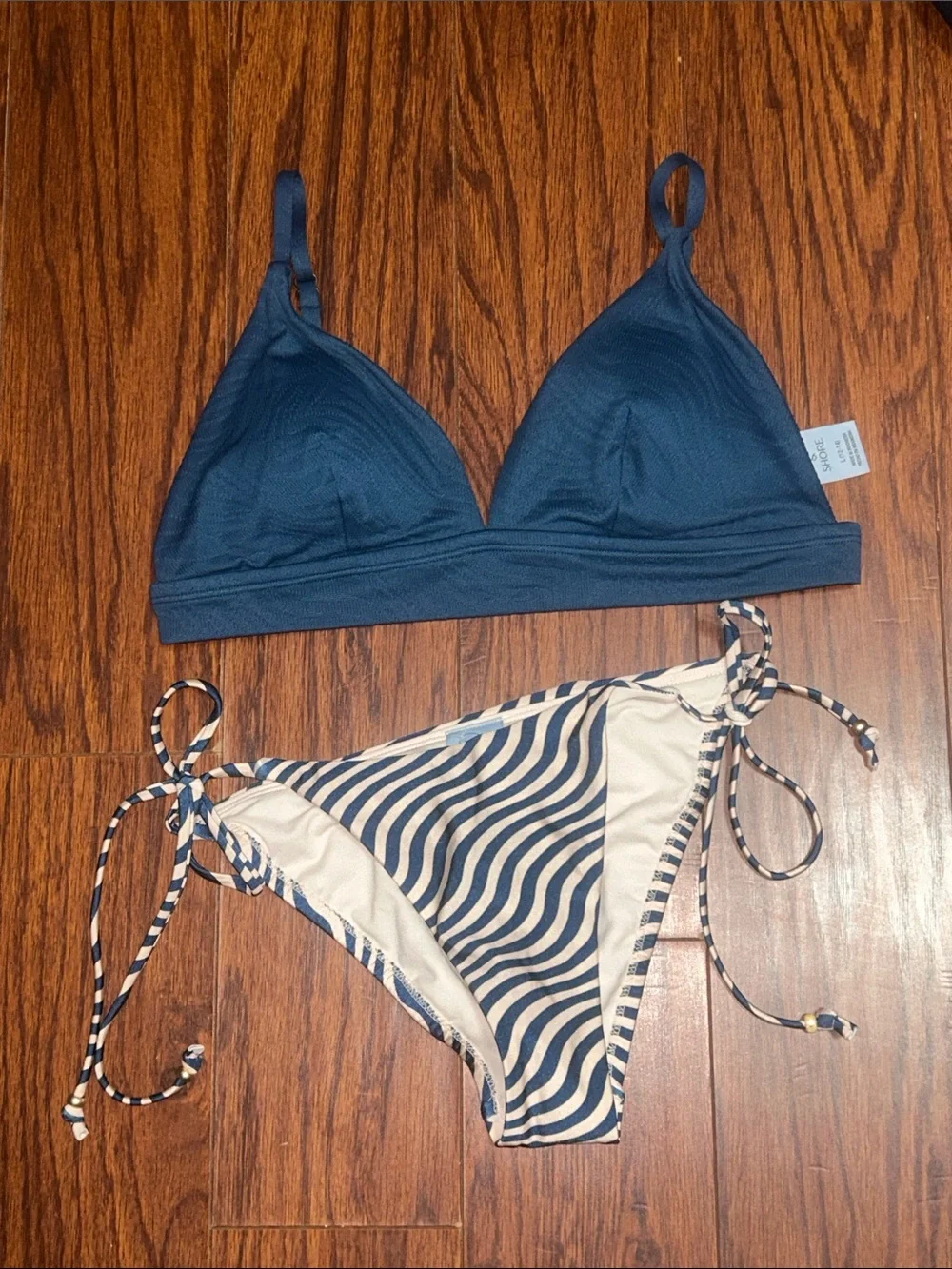 Peacock color Triangle Bikini Top & Striped Tie-Side Bottoms - Women's Swim Set